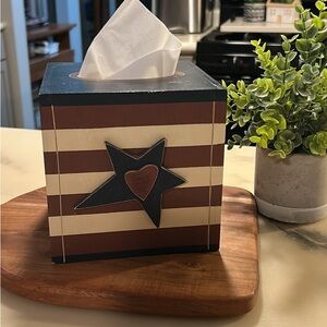 Patriotic Striped Wooden Tissue Box Cover with Star Accent